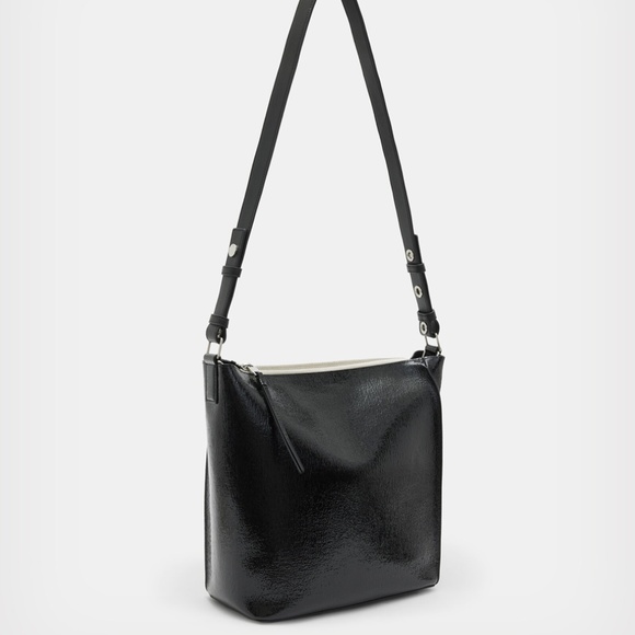 NWT $319 ALLSAINTS Kita Leather Messenger Crossbody Bag in Black Shine! - Picture 4 of 13